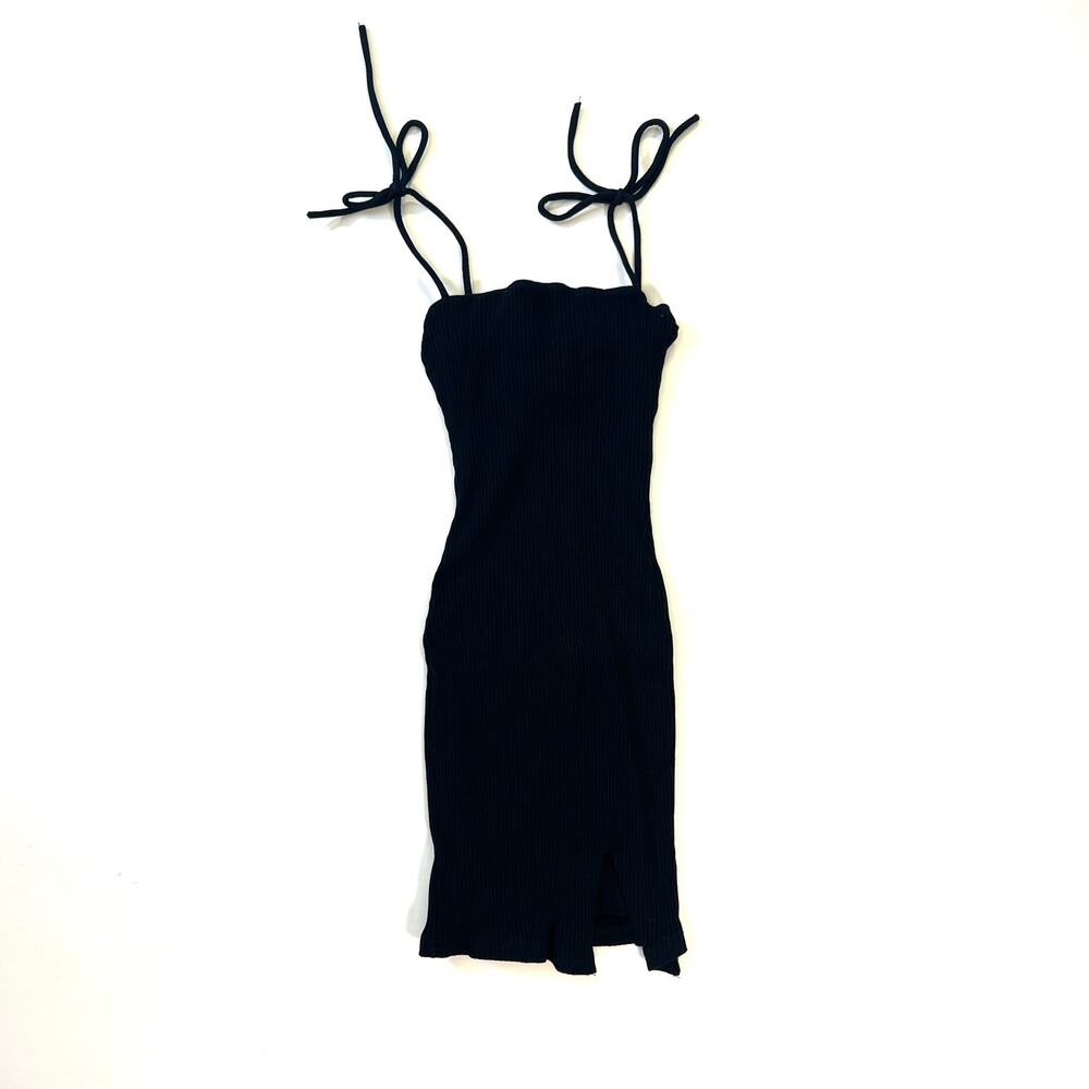 Princess Polly Black Ribbed Midi Dress Women's size 0 Tie Strap Bodycon Slit